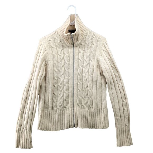 H&M Wool Stretch Cable Knit Zip Sweater Womens L Cream Mock Neck Fisherman - Picture 1 of 8